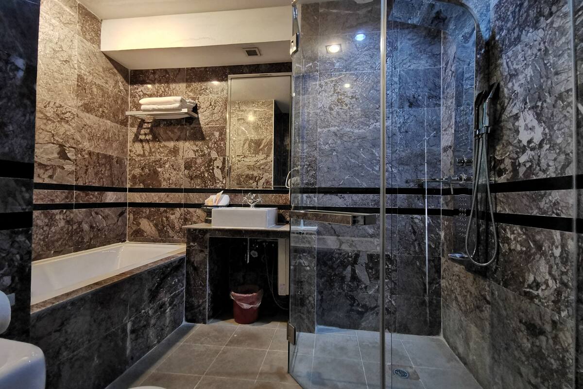 shower, free toiletries, slippers, bidet