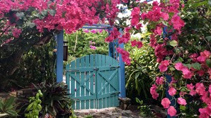 A garden with a blue gate, surrounded by lush greenery and pink flowers. - Beautiful Cottage w/Stunning View, Backup Power, Hot Tub, Family or 2 Couples  (Coral Bay)