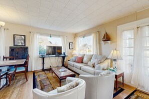 TV, fireplace, DVD player, books