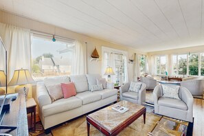 TV, fireplace, DVD player, books