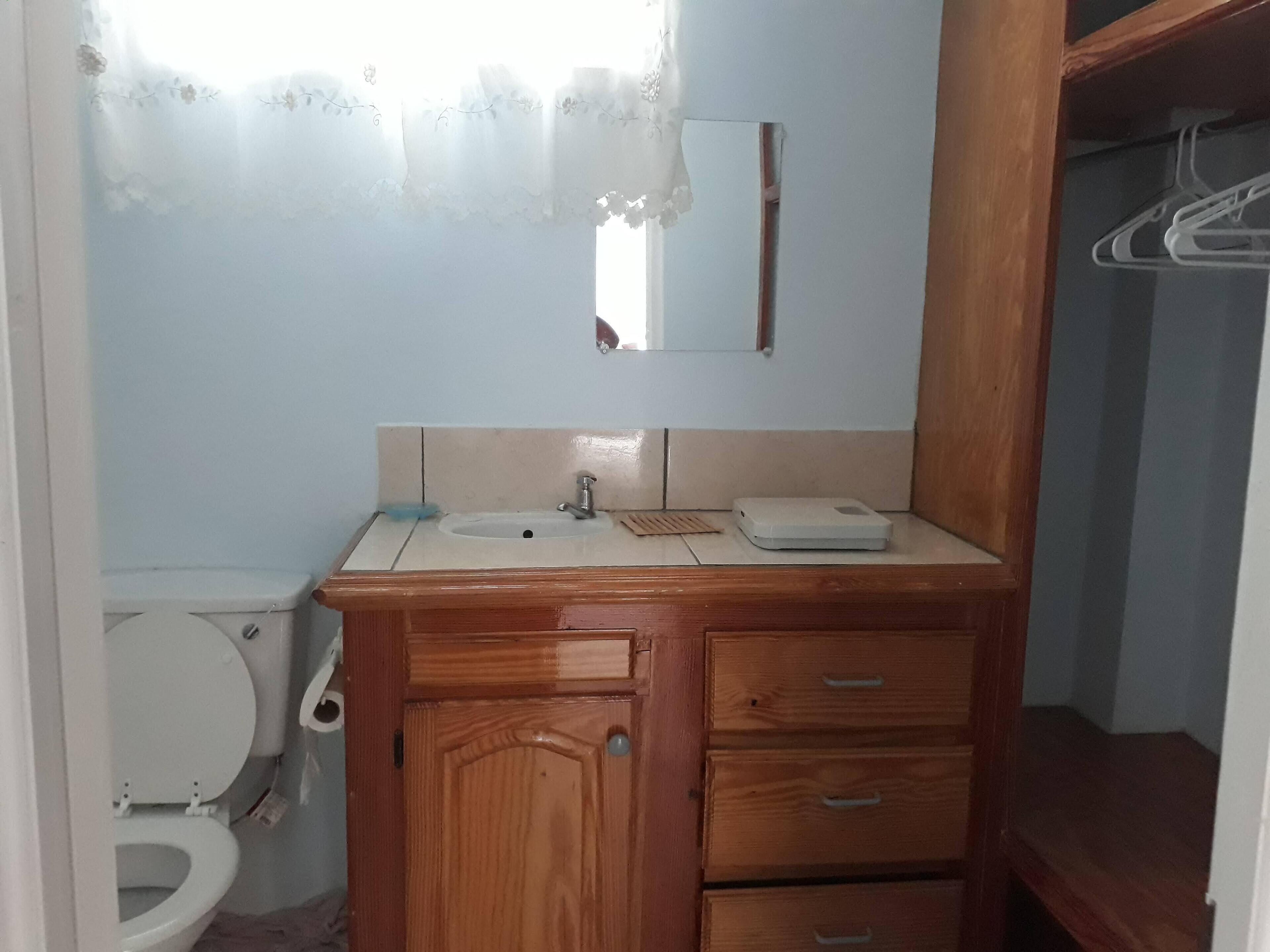 A bathroom with a wooden vanity, a sink, a mirror, and a toilet.