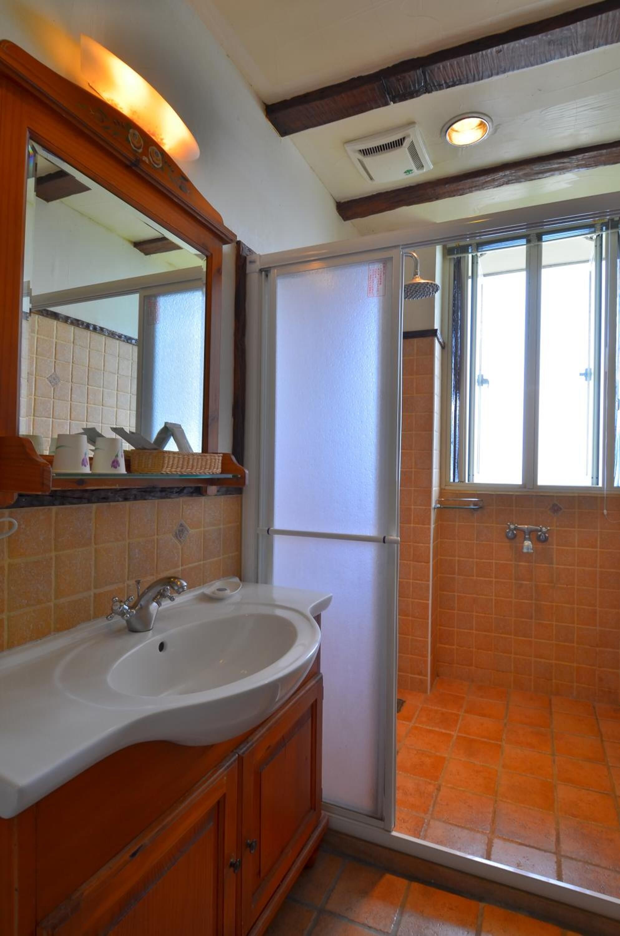 A bathroom with a large sink, mirror, and shower area.