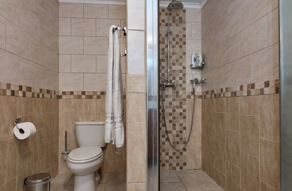 A bathroom with a toilet, a shower, and a towel rack.
