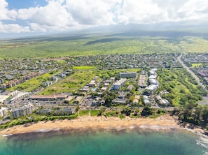 An aerial view of a coastal town with a beach, residential areas, and a mix of commercial buildings.