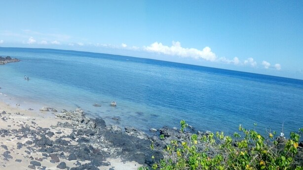A beach with clear blue water, rocky shore, and dense tropical vegetation. - Hotel Al Amal (Mutsamudu)
