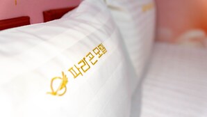 Primer plano de un almohada blanca con un diseño bordado en dorado.