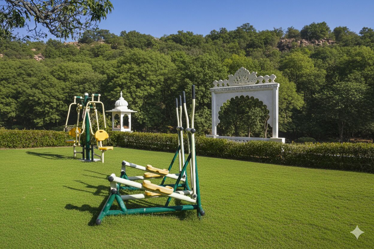 A well-maintained park with exercise equipment, a white gazebo, and a decorative archway.