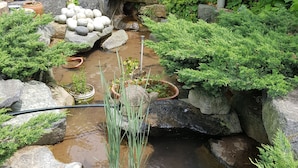 A serene garden with a small pond, surrounded by rocks and lush greenery. - Red Praha Pension (Geoje)