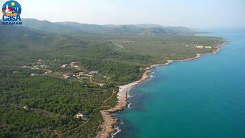An aerial view of a coastal area with dense forest, a rocky shoreline, and a clear blue sea.