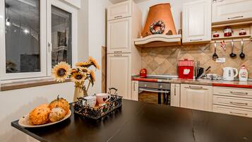 Fridge, oven, stovetop, cookware/dishes/utensils