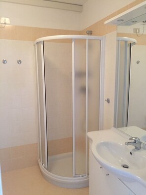 Une salle de bain avec une douche à parois de verre, un lavabo blanc et un miroir.