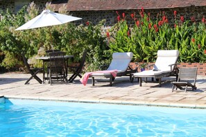 Seasonal outdoor pool, pool loungers