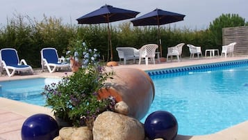 Seasonal outdoor pool, pool umbrellas, pool loungers