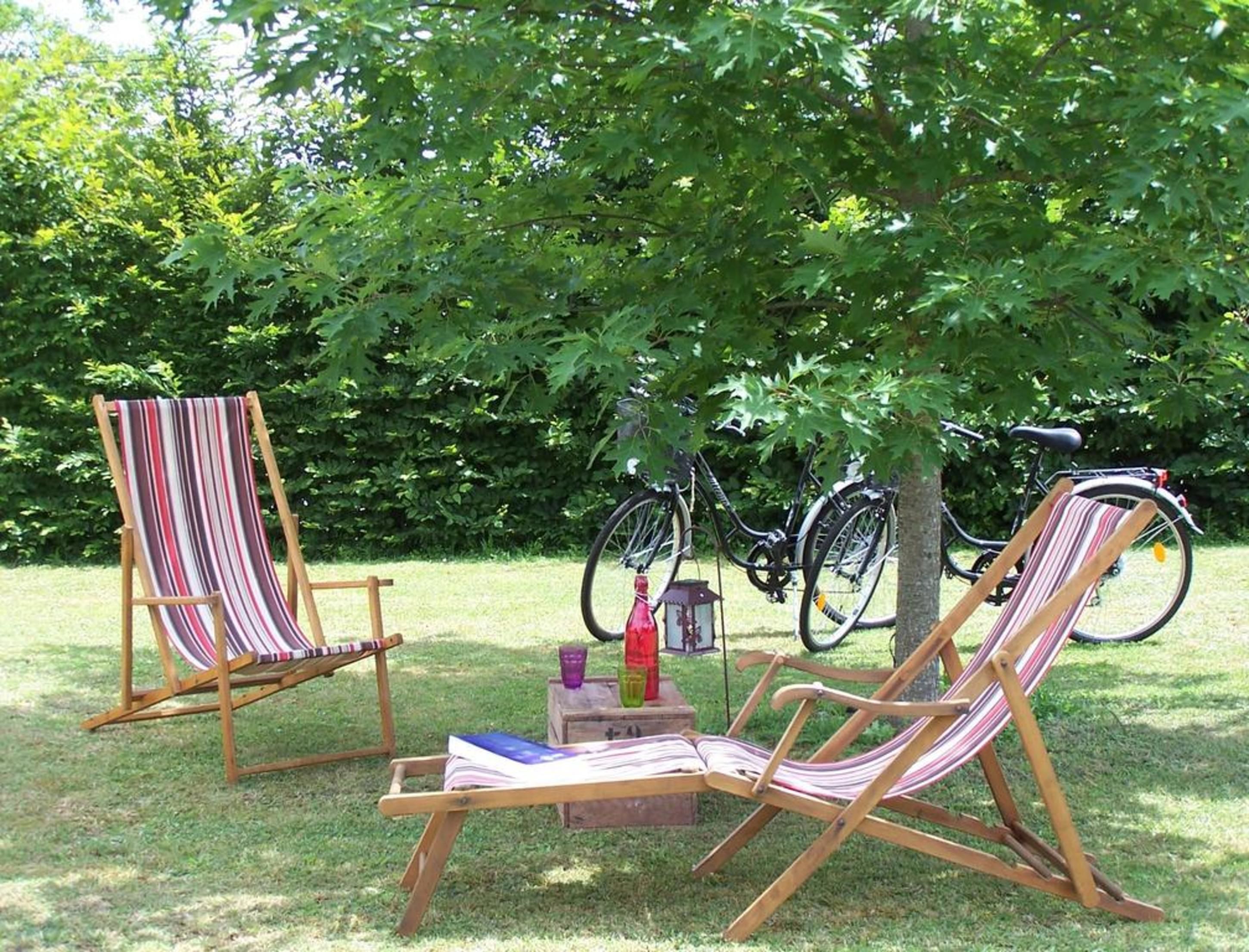 Two striped lounge chairs under a tree with bicycles parked nearby.