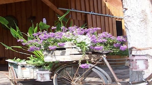 Un vélo avec une remorque en bois remplie de fleurs violettes et de plantes vertes, garé sur un chemin pavé devant un bâtiment en bois.
