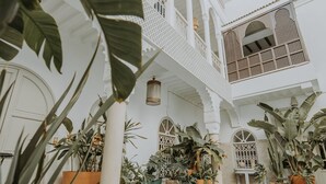 Une cour spacieuse avec une piscine, plusieurs niveaux de balcons et une végétation tropicale luxuriante.