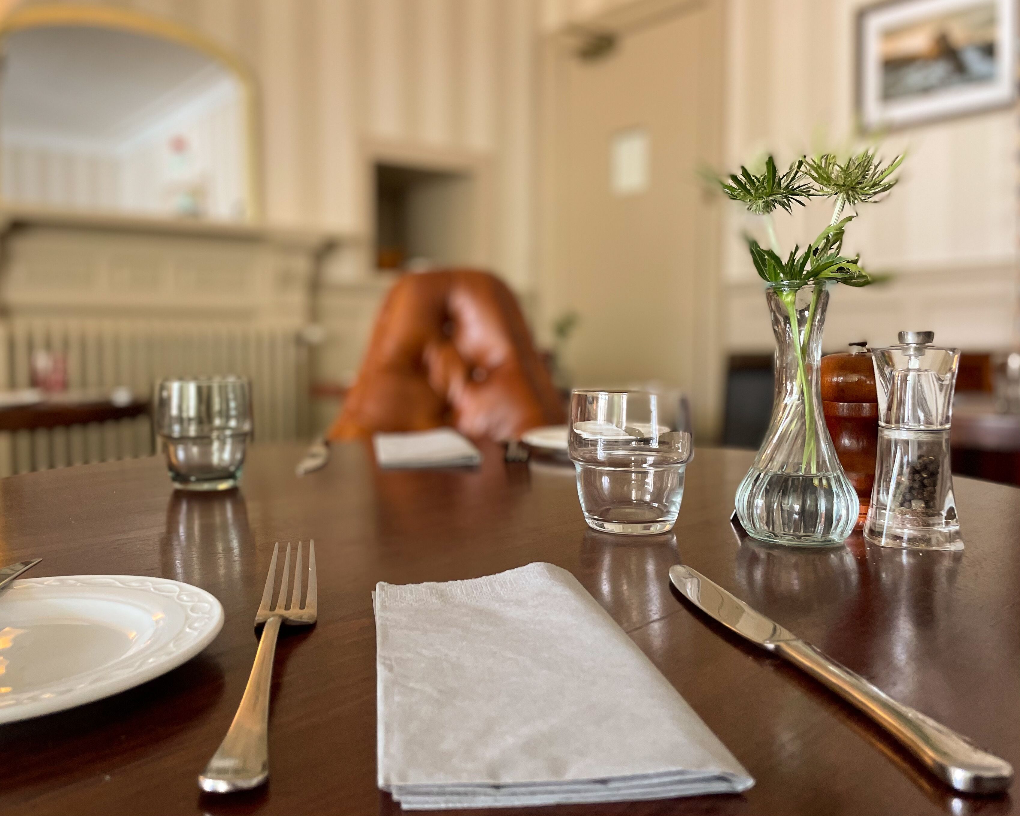 Une table à manger dressée avec une assiette, des couverts, une serviette, un verre d’eau, un vase avec une plante et un moulin à poivre.