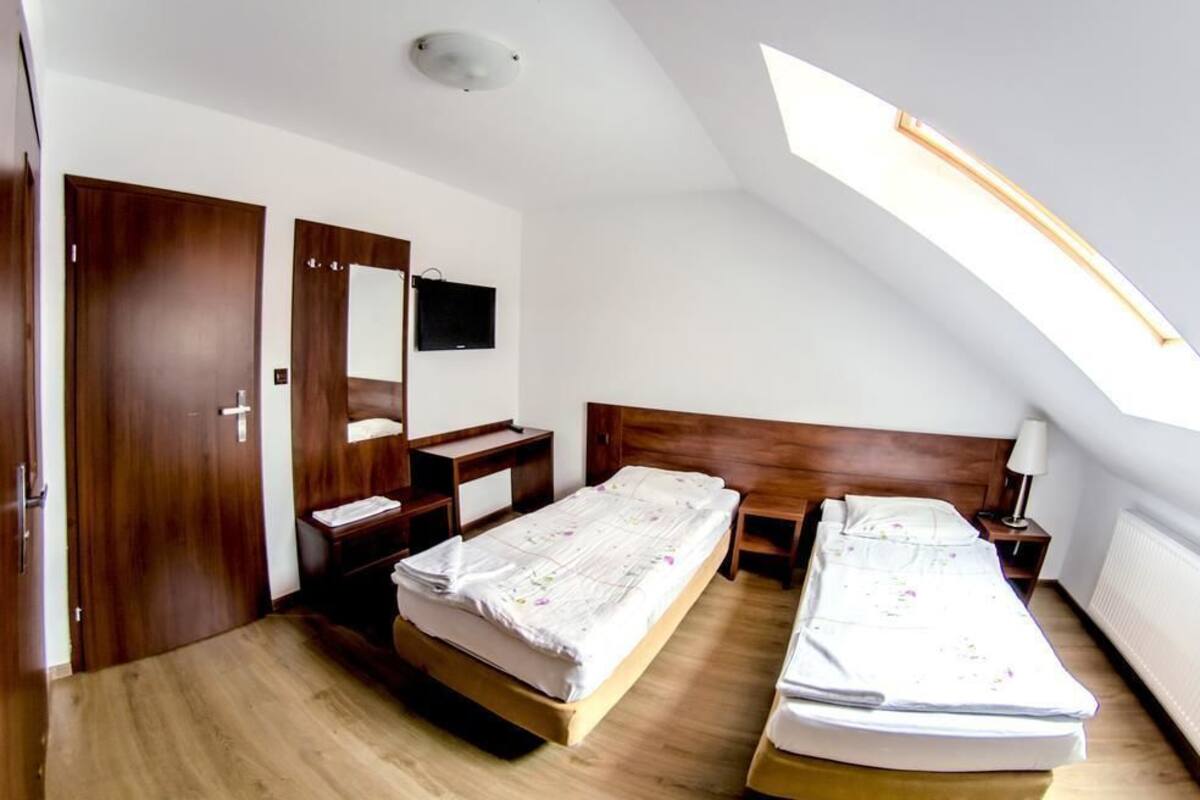 A bedroom with two beds, a TV, a desk, and a mirror.