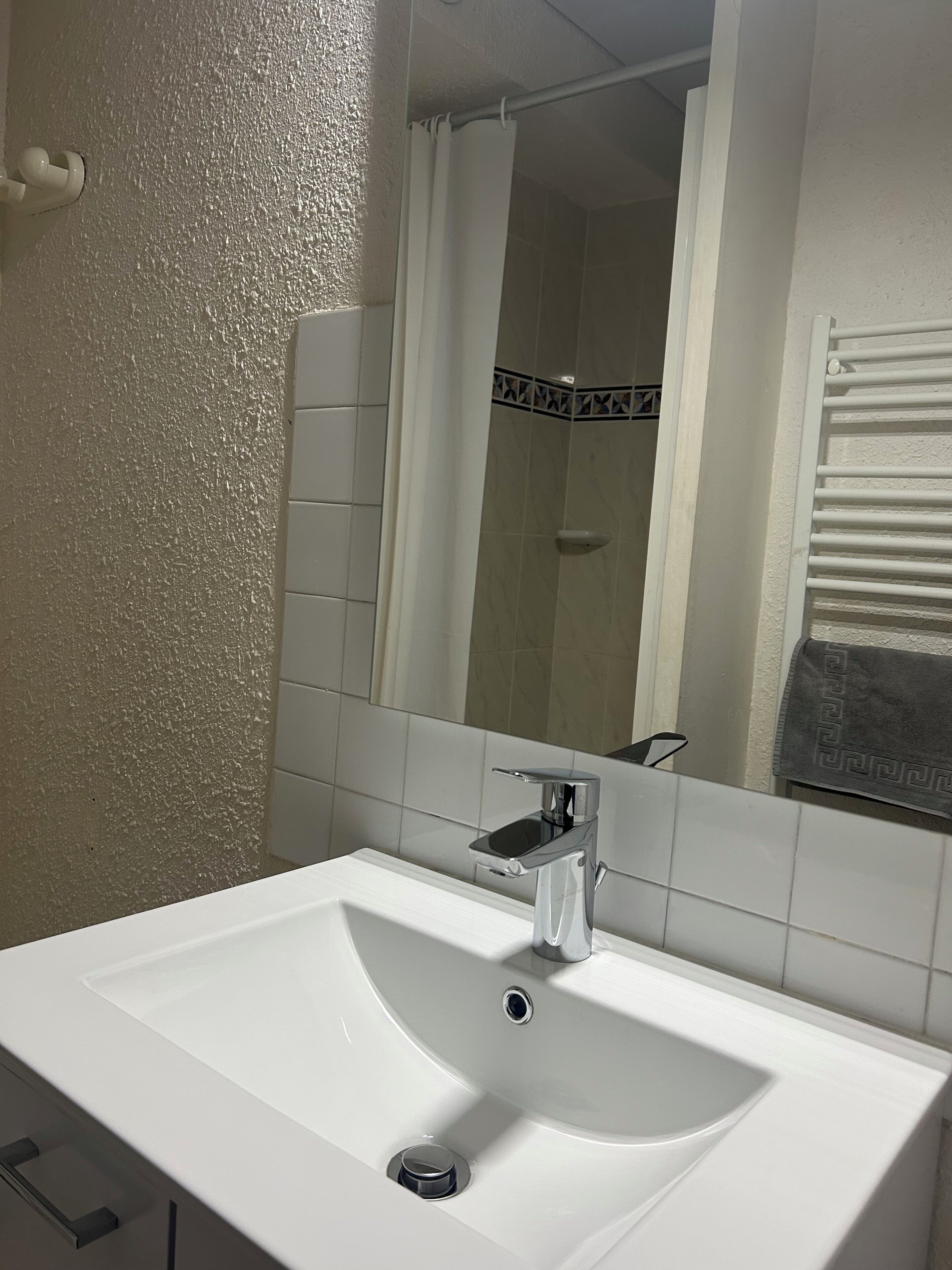 A bathroom with a white sink, a mirror, and a shower area.