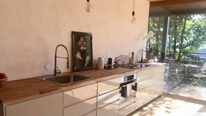 Cozinha moderna com bancada de madeira, pia de aço inoxidável e forno embutido. Há um quadro na parede e um vaso com planta no balcão.