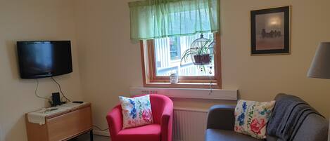 Ein Wohnzimmer mit Flachbildfernseher an der Wand, einem Fenster mit grüner Vorhang, einem Heizkörper, einem Holznachttisch, einem roten Sessel und einem grauen Sofa mit blumigen Kissen.