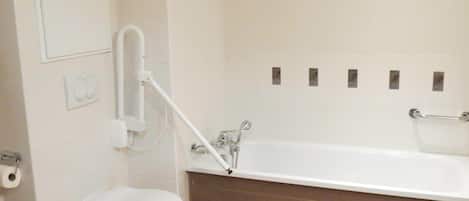 A bathroom with a toilet, a shower, and a bathtub.