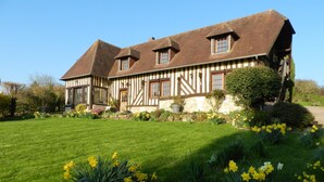 A traditional half-timbered house with a well-maintained garden featuring daffodils. - Le Pressoir (Beuvron-en-Auge)