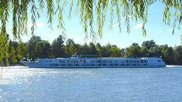A river cruise ship with multiple decks and a flag on top, surrounded by water and trees.