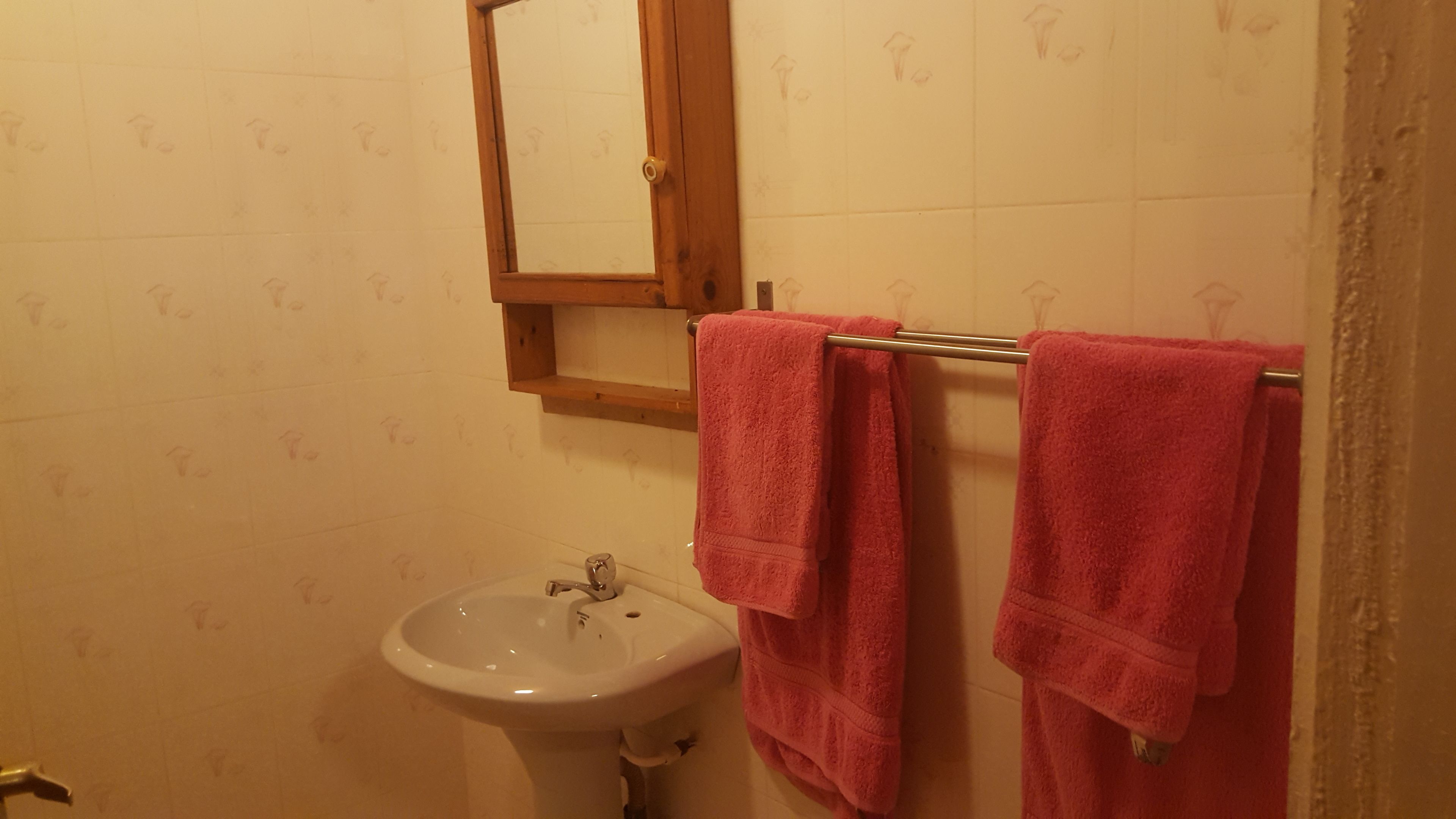 Un baño con un lavamanos blanco, un espejo y dos toallas rosas colgadas en un perchero metálico.