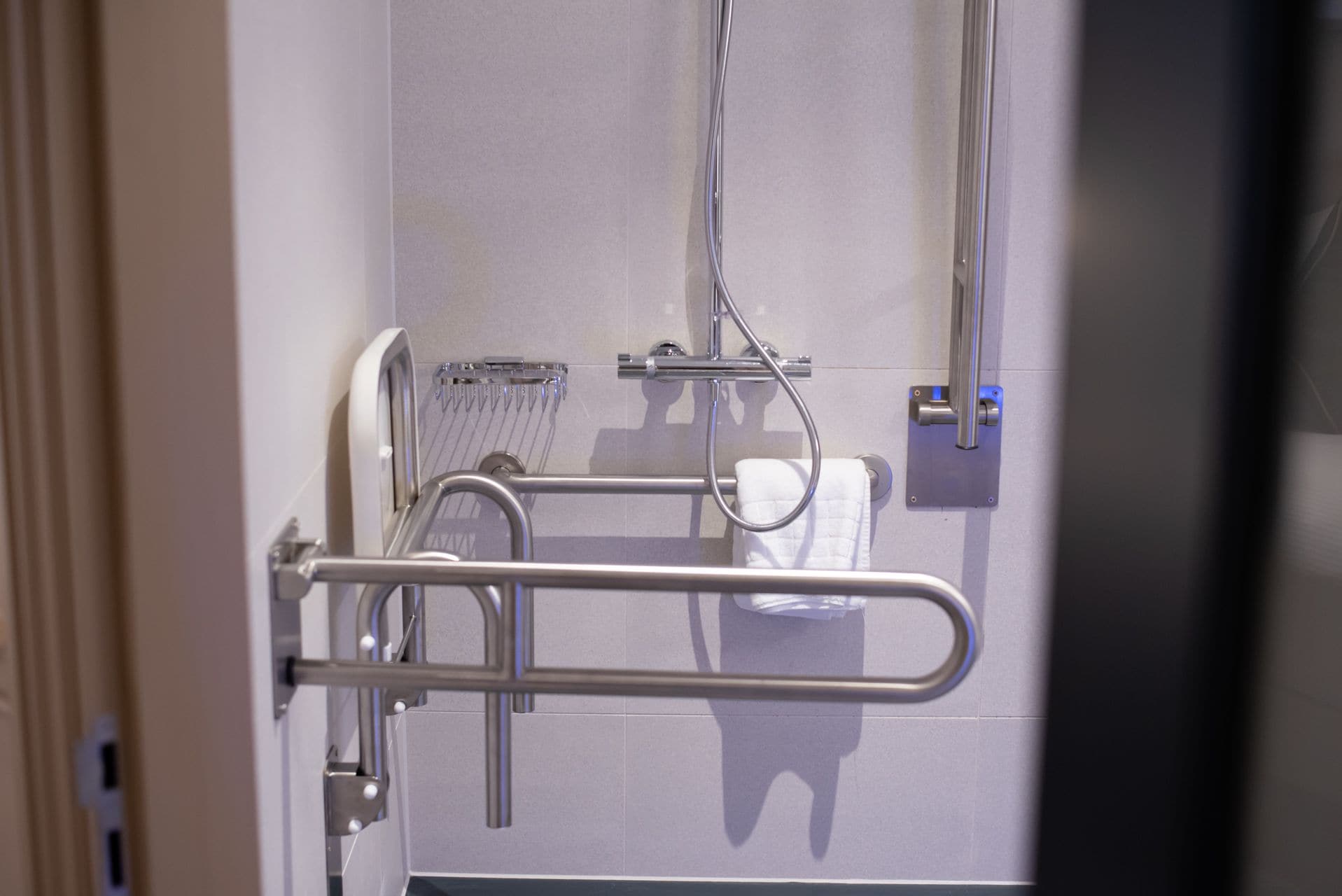 Une salle de bain avec une douche, un porte-serviettes et des toilettes.