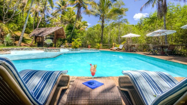 Zona de piscina con sillones de descanso y sombrillas, rodeada de palmeras.