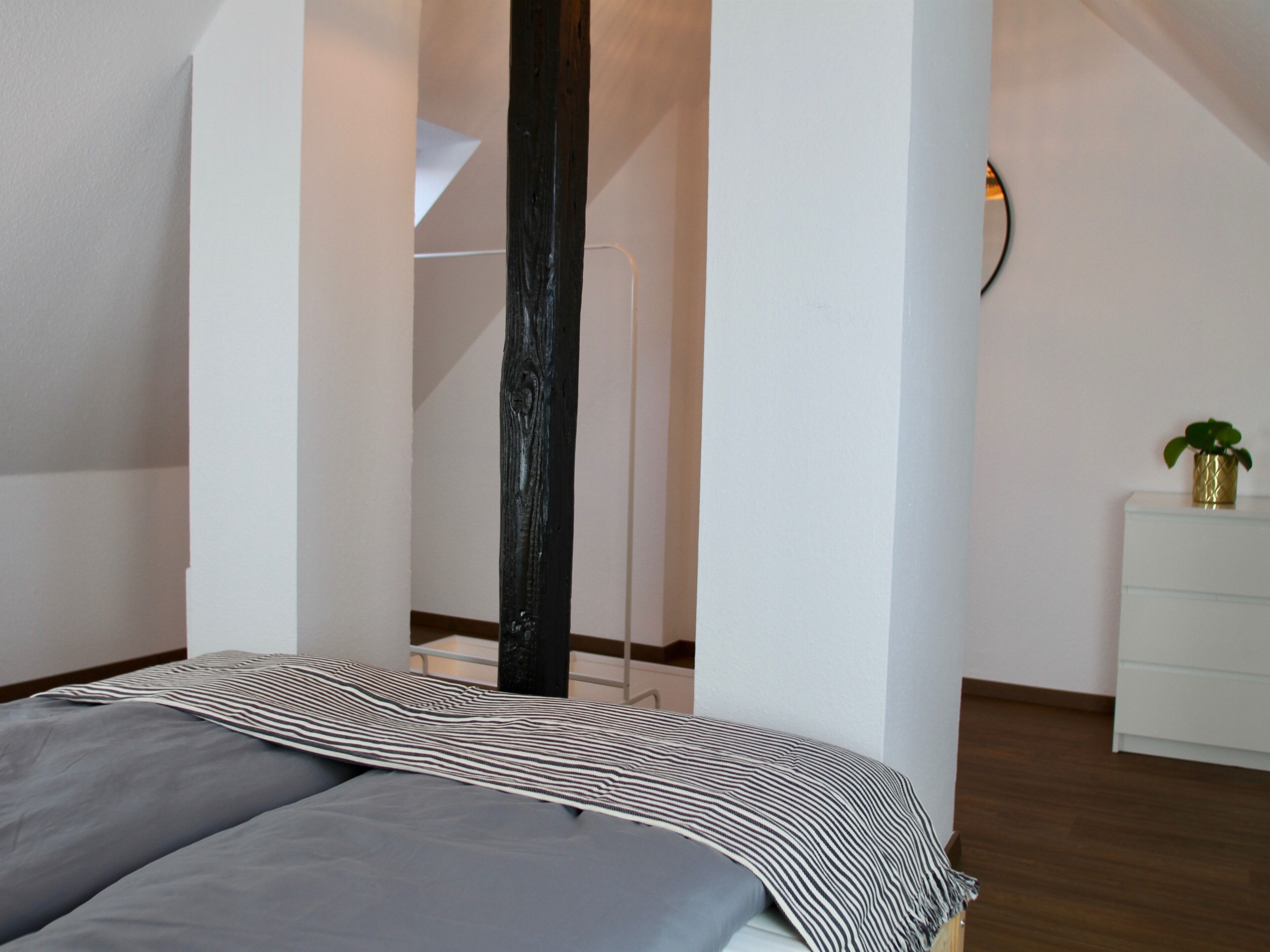 A bedroom with a bed, a white dresser, and a plant.