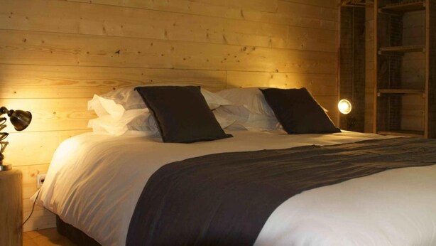 A wooden-paneled bedroom with a bed, a bedside lamp, and a nightstand. - Ecolodges de Loire & Spa (Gennes-Val-de-Loire)
