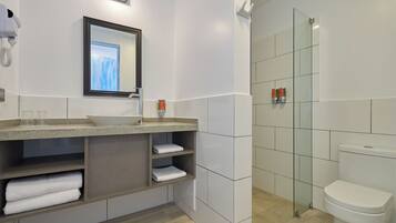 A modern bathroom with a glass shower enclosure, a sink with a mirror, and a toilet.