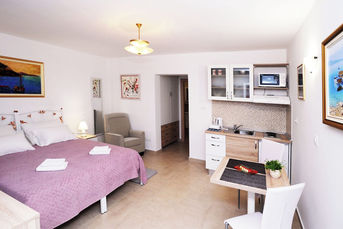 Une chambre comprenant un lit, une chaise, un bureau avec une petite table et un coin cuisine.