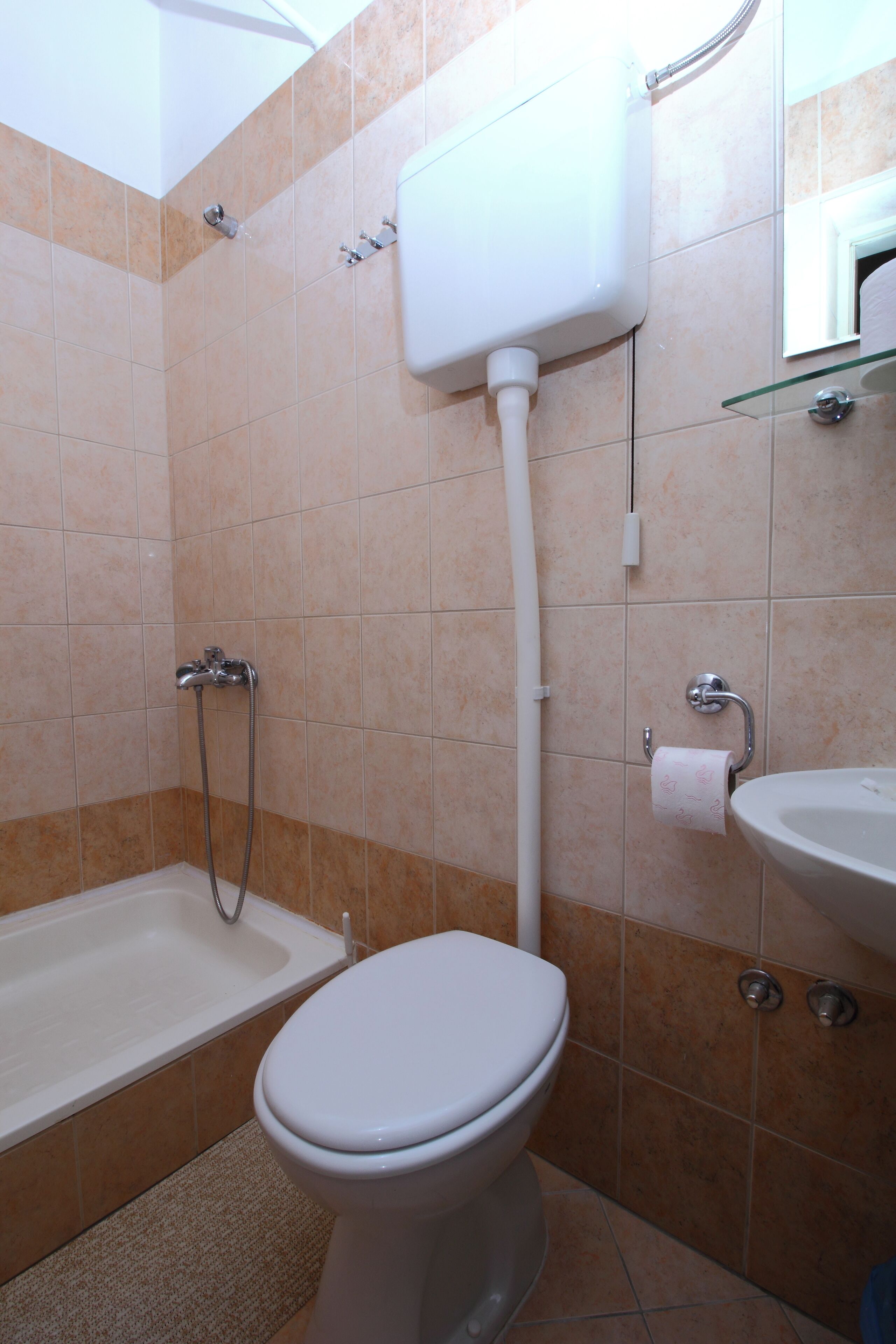 A bathroom with a toilet, a sink, and a shower.