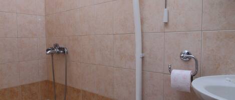 A bathroom with a toilet, a sink, and a shower.