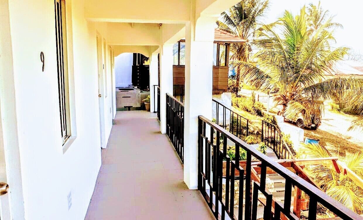 A corridor with a balcony overlooking a palm tree garden.