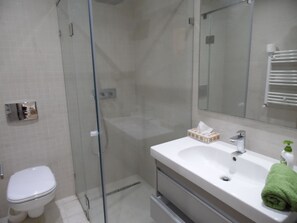 A modern bathroom with a glass shower enclosure, a white sink with a towel, and a toilet.