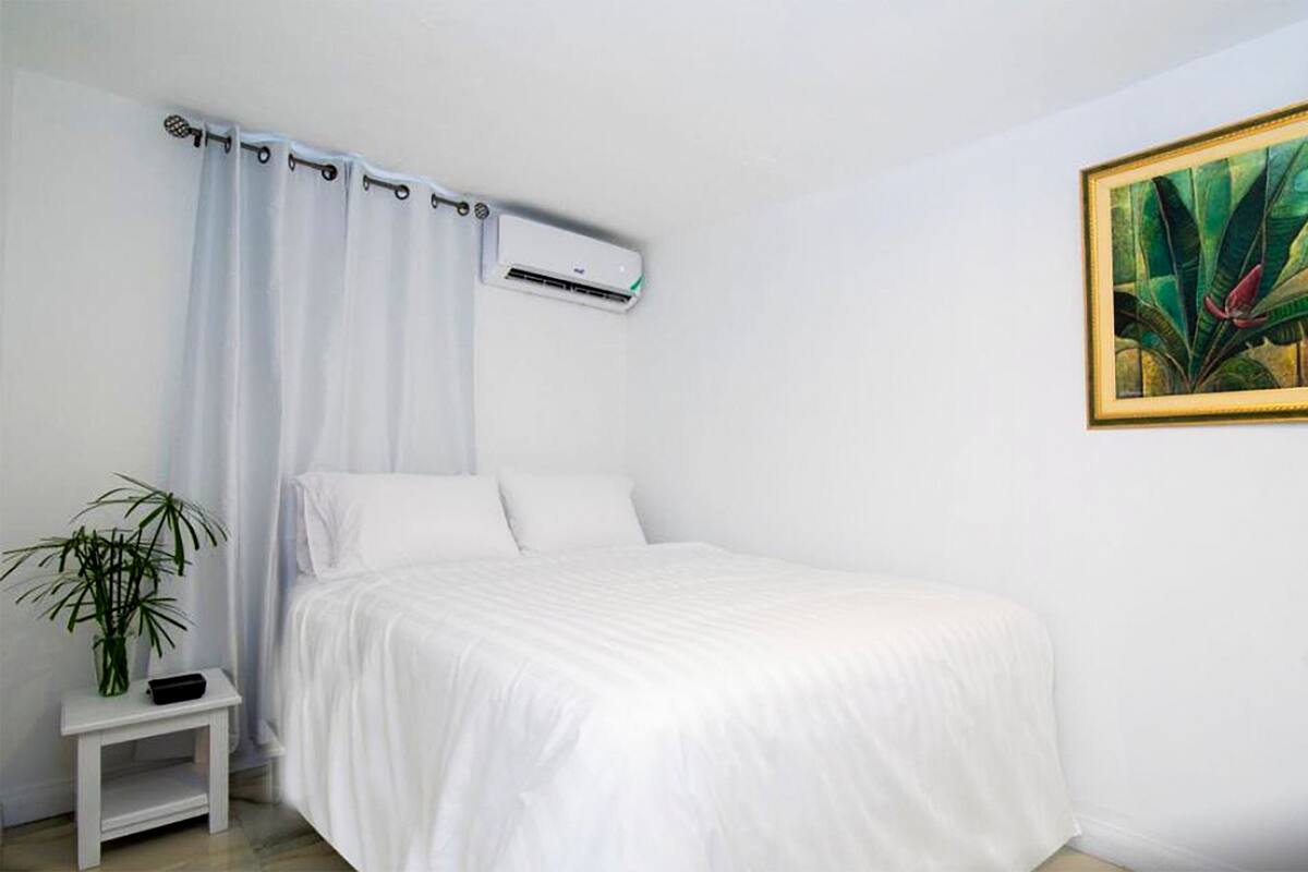 A bedroom with a bed, a small bedside table, a potted plant, an air conditioning unit, and a framed painting on the wall.
