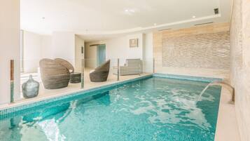Indoor pool, outdoor pool, sun loungers