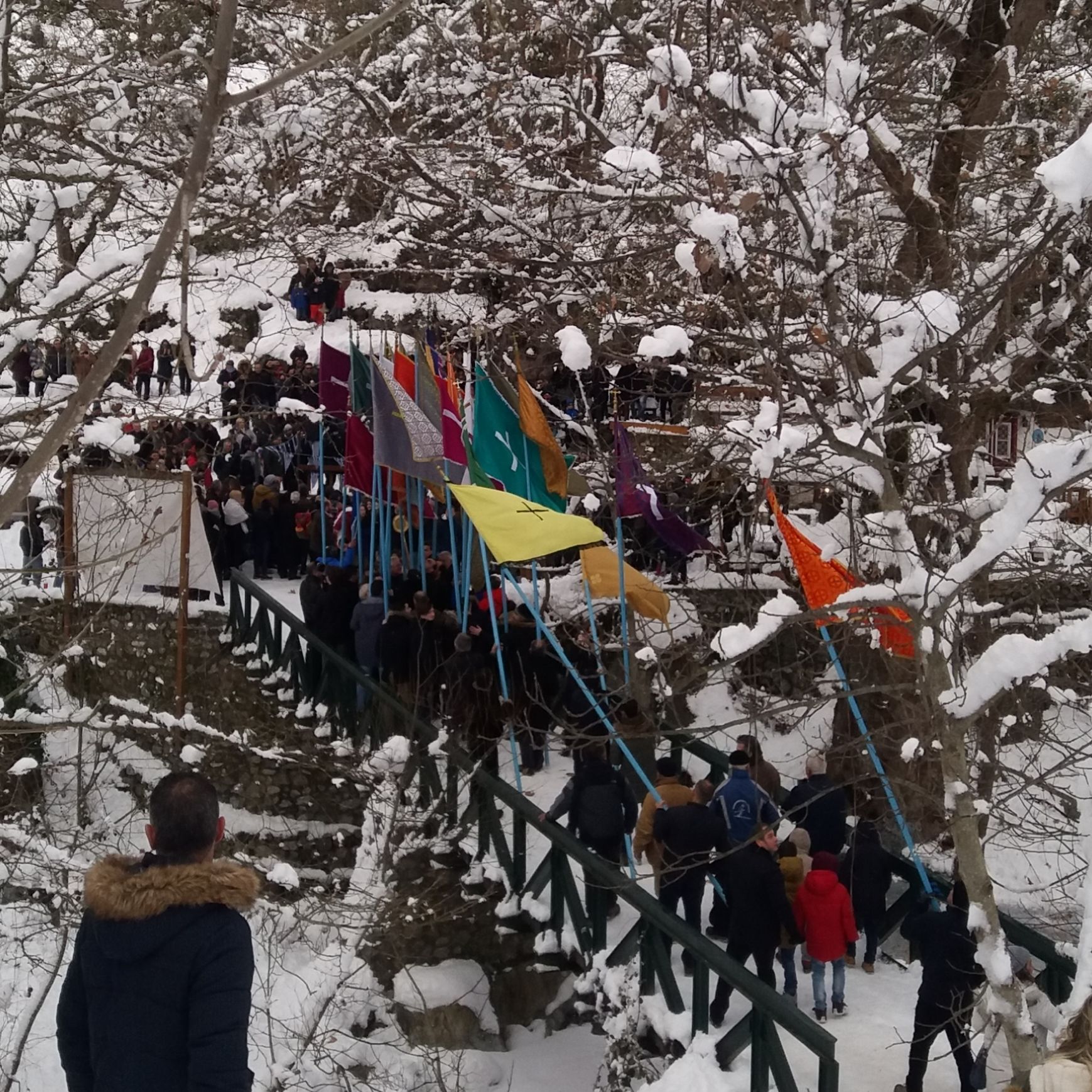 A snowy outdoor area with a crowd of people gathered around a series of flags.