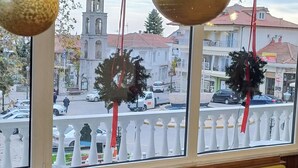Una habitación acogedora con un sofá verde, una mesa redonda con un centro de mesa de flores rojas y vistas a una plaza con un campanario.