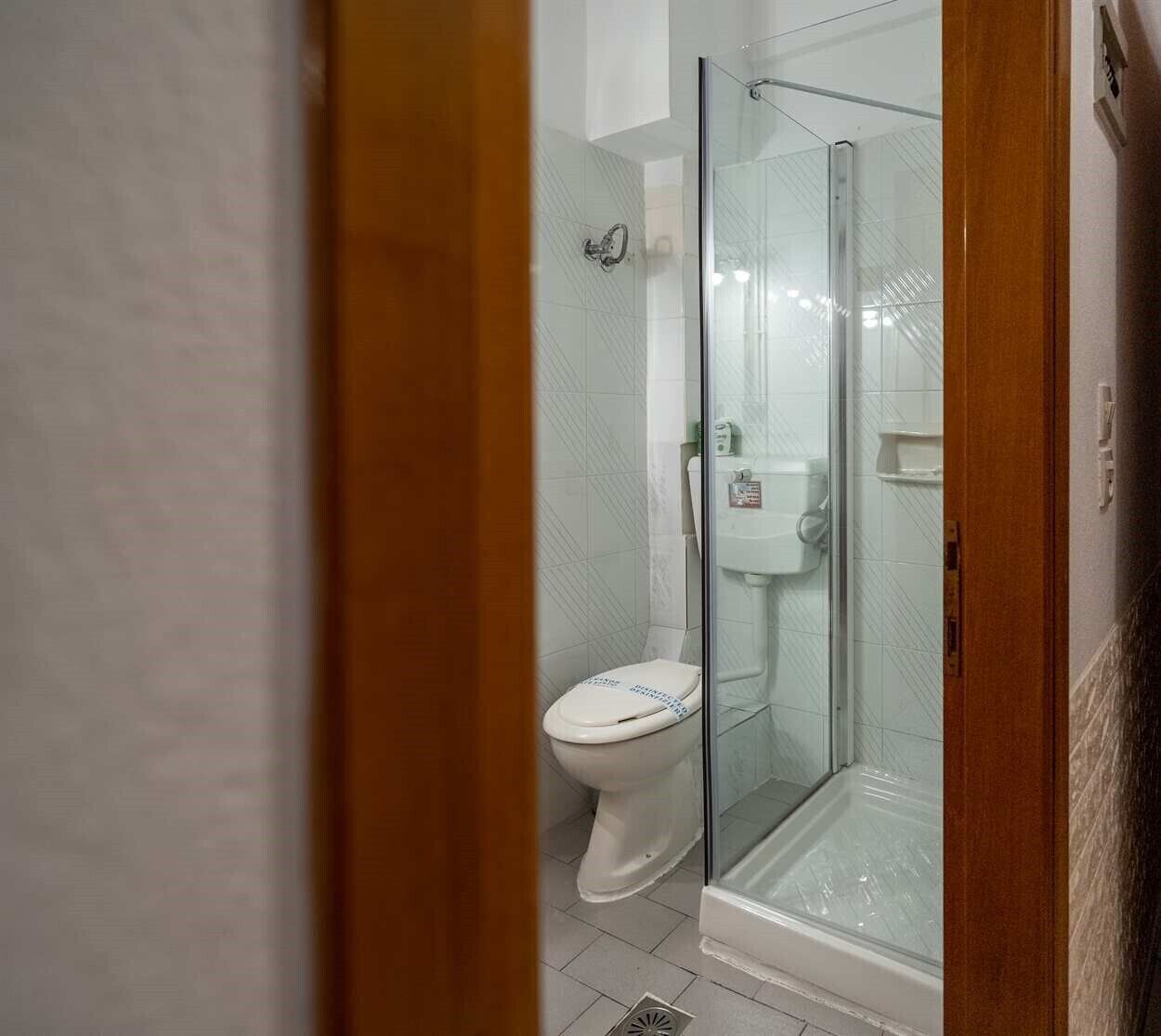 A bathroom with a glass shower enclosure, a toilet, and a white sink.
