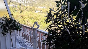 Un balcón con una mesa dispuesta para dos personas, una planta decorativa y vistas a un paisaje montañoso.