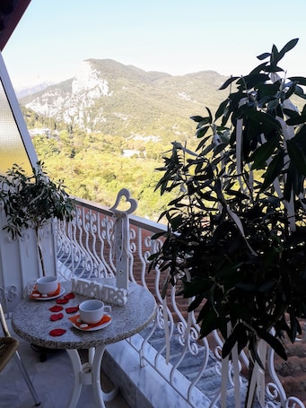 A balcony with a table set for two, a decorative plant, and a view of a mountainous landscape.