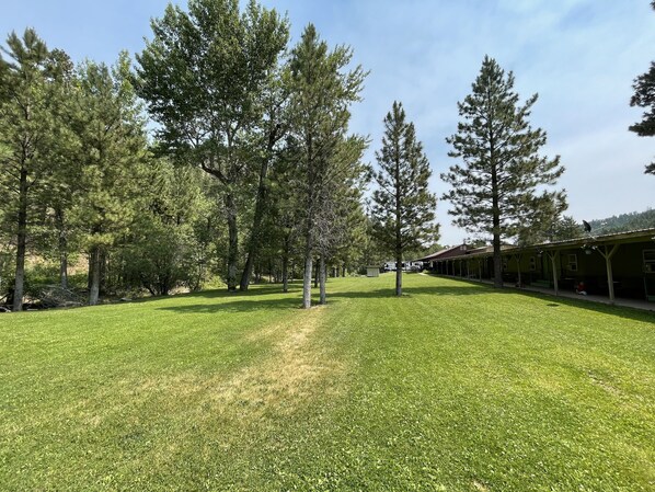 A grassy outdoor area with trees and a building with a covered walkway.