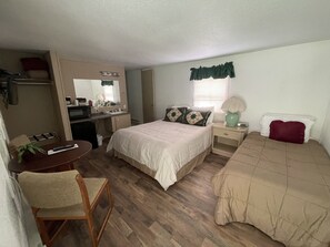 A compact bedroom with a bed, bedside table, chair, desk, and a mirror.