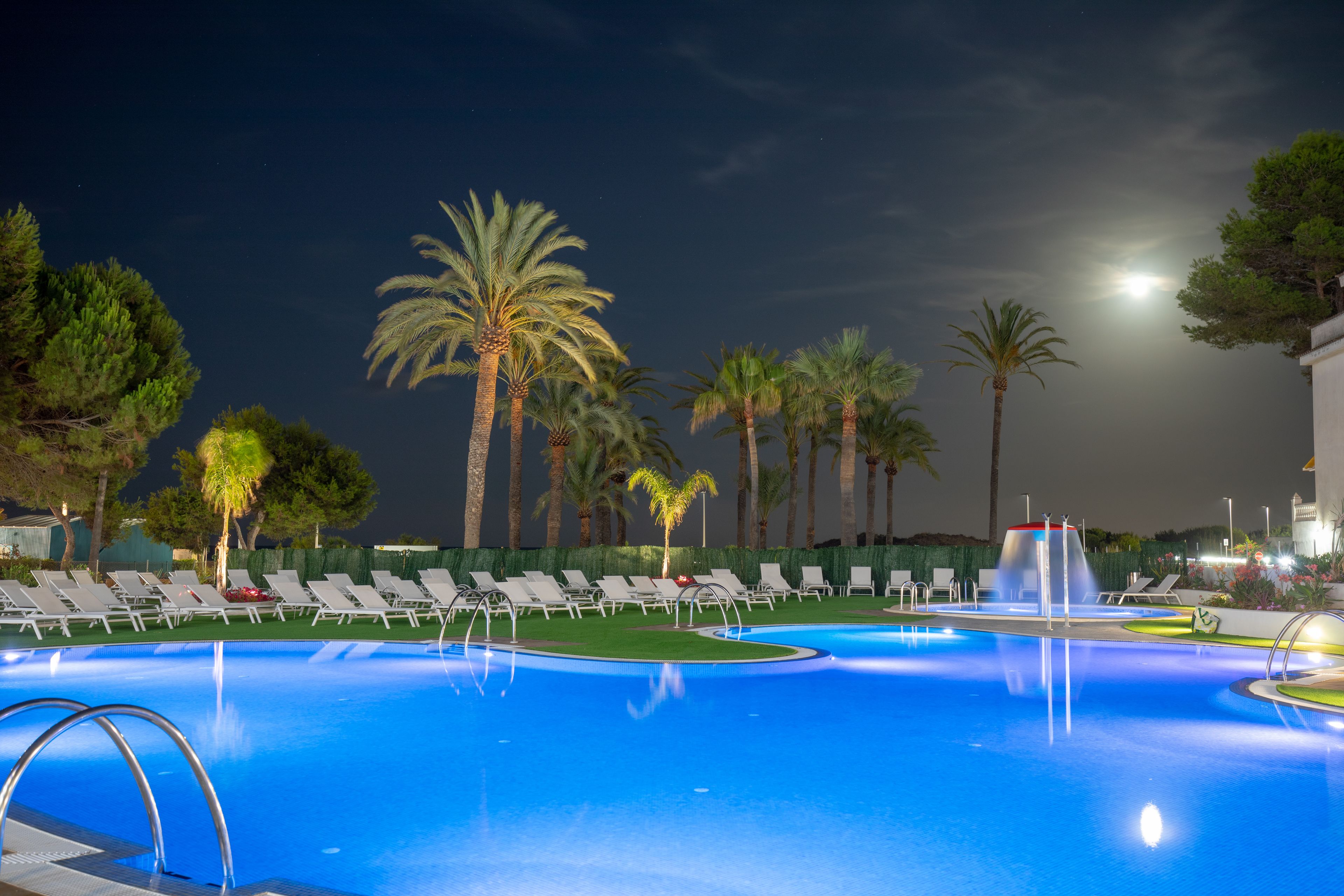 Una piscina con tumbonas y palmeras.