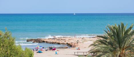 Una playa con costa rocosa, palmeras y un cielo azul despejado.